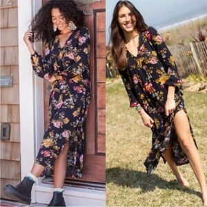 NATURAL LIFE Rowan midi side-slit dress in black crepe floral